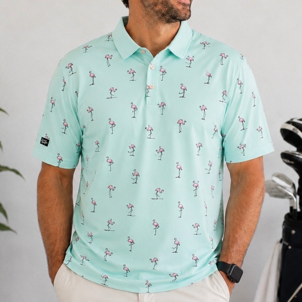Sunday Swagger Flamingo Print Performance Golf Polo Shirt Mint Green Men's 2XL
